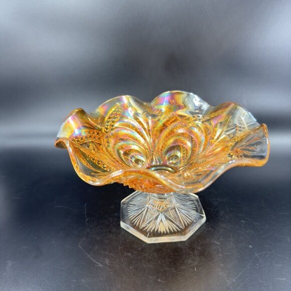 Imperial Glass Iridescent Marigold Carnival Glass Ruffled Footed Bowl Dish VTG - Picture 11 of 16